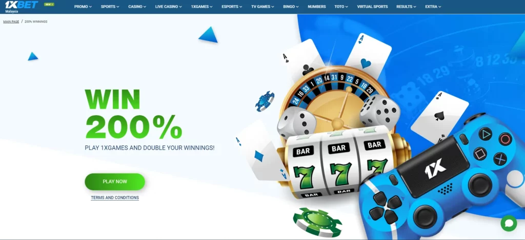 Win 200% promo from 1xBet Malaysia: Play games and double your winnings!